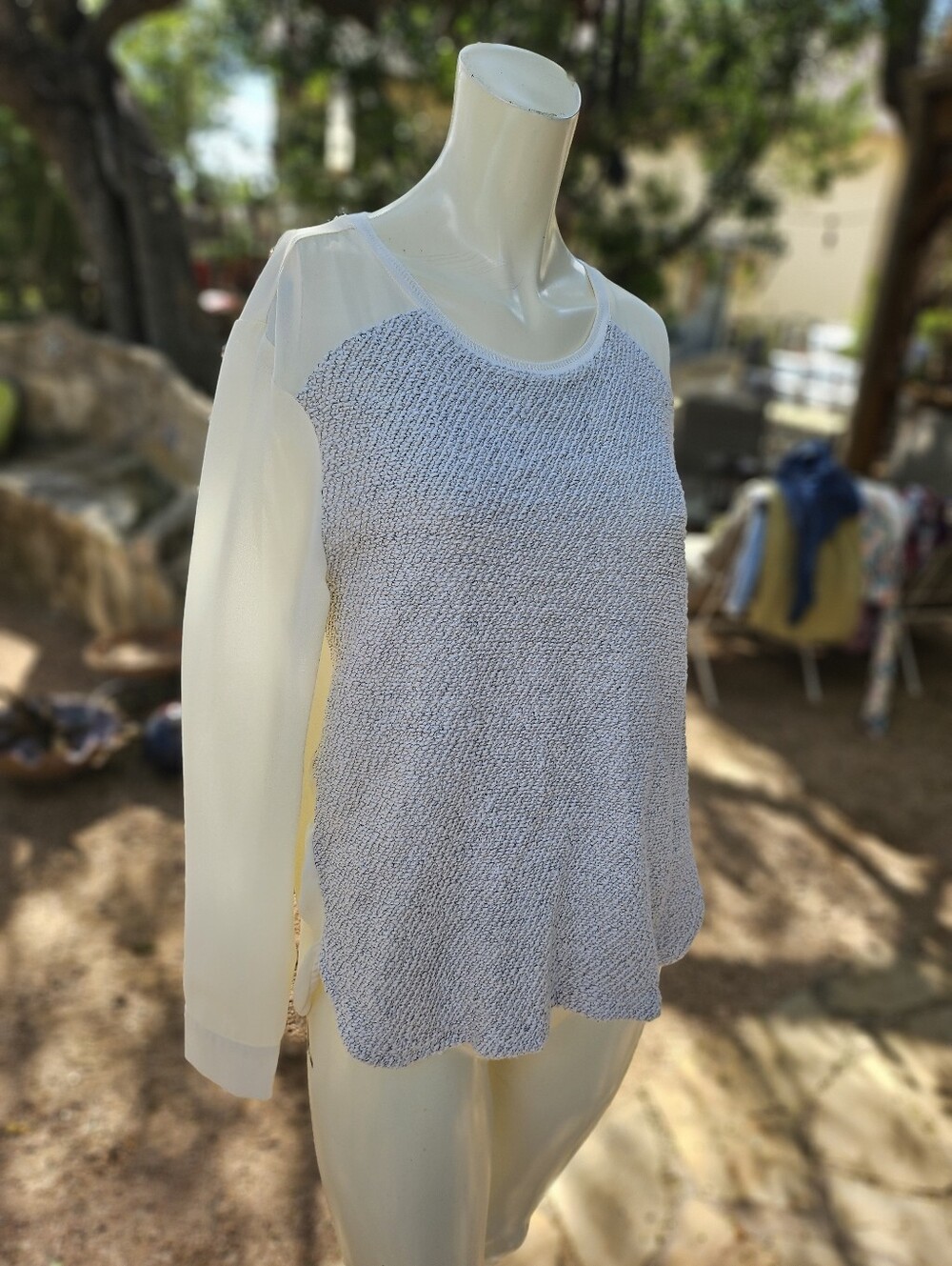 Ann Taylor Women's Grey Combo Blouse, Knit Texture Front Sweater Blouse M